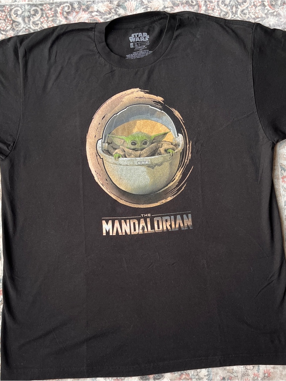 Bioworld Black Tee with Green Grogu and Gold Pod Graphic